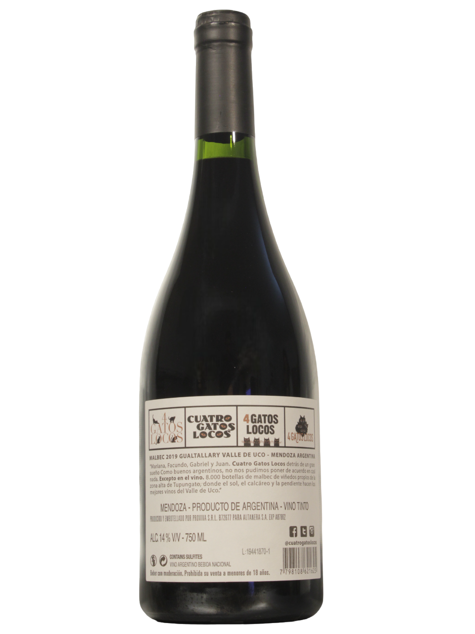 4 Gatos Locos Malbec Dorso Botella de 4 Gatos Locos Malbec de Gualtallary, Valle de Uco, vista dorso