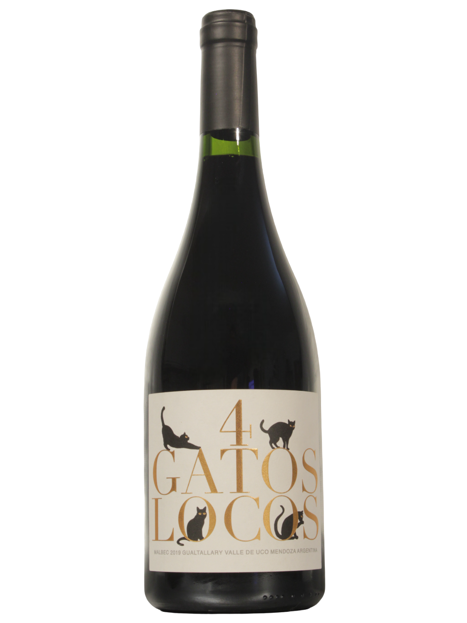 Botella de 4 Gatos Locos Malbec de Gualtallary, Valle de Uco, vista frontal
