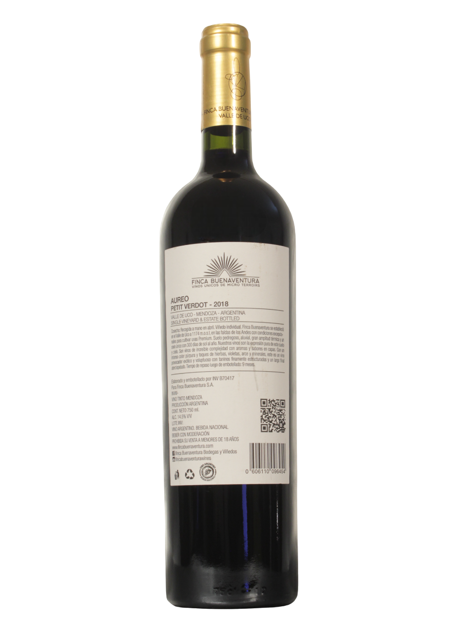 Aureo Petit Verdot Dorso Botella de Aureo Petit Verdot de Finca Buenaventura S.A. vista dorso