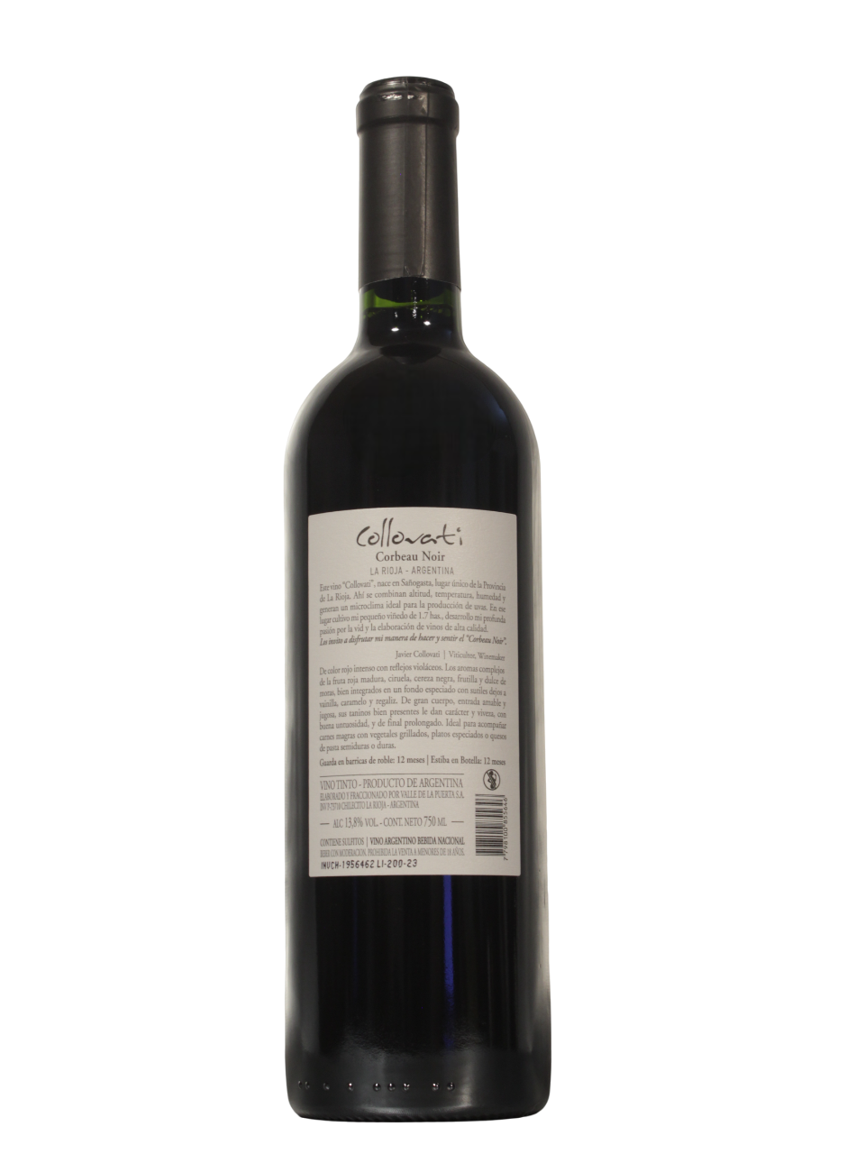 Collovati Corbeau Noir Bonarda Dorso Botella de Collovati Corbeau Noir Bonarda de Javier Collovati vista dorso