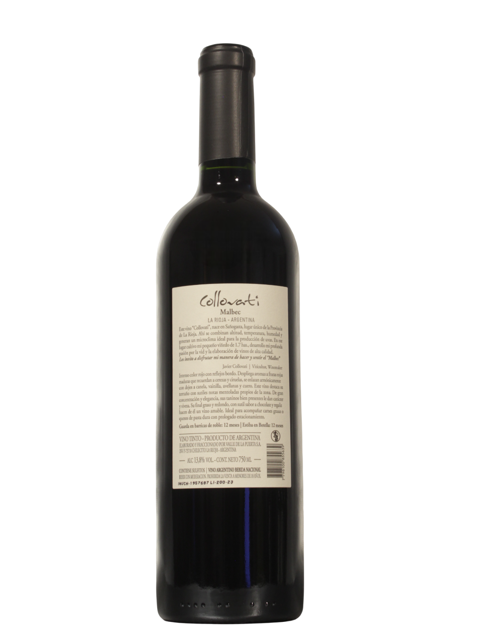 Collovati Malbec Dorso Botella de Collovati Malbec de Sañogasta, La Rioja, vista dorso