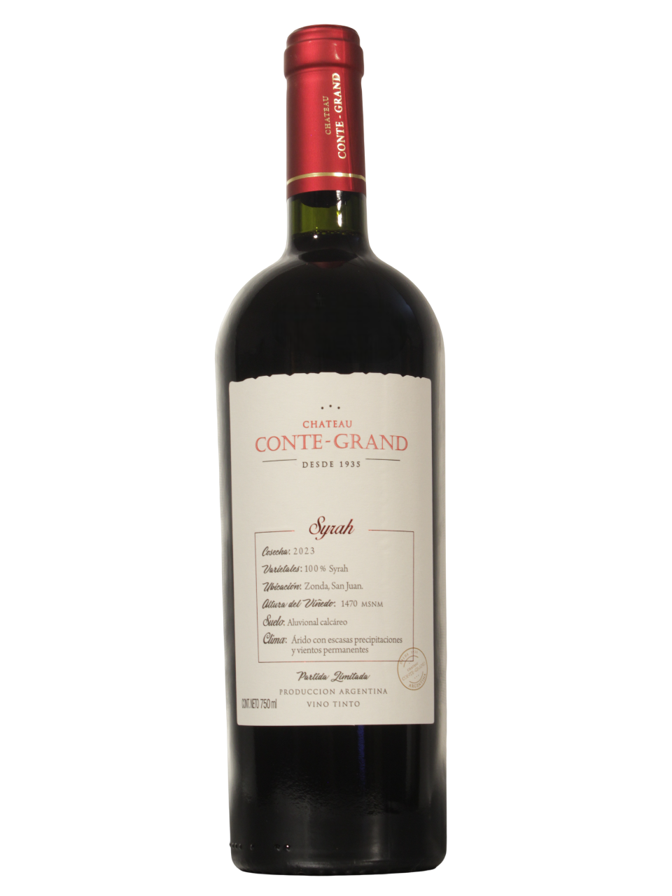 Botella de Conte Grand Syrah de Zulia SAS vista frontal
