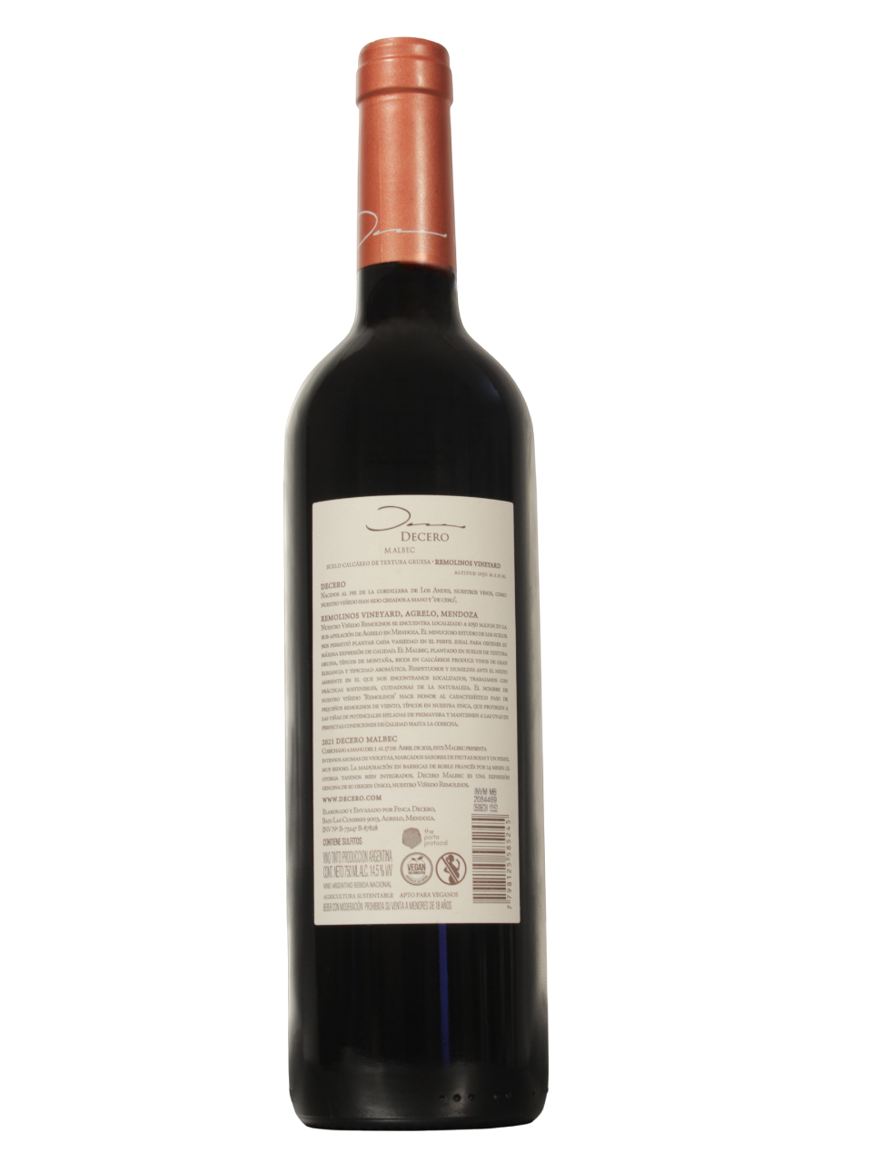 Decero Malbec Dorso Botella de Decero Malbec de Finca Decero vista dorso