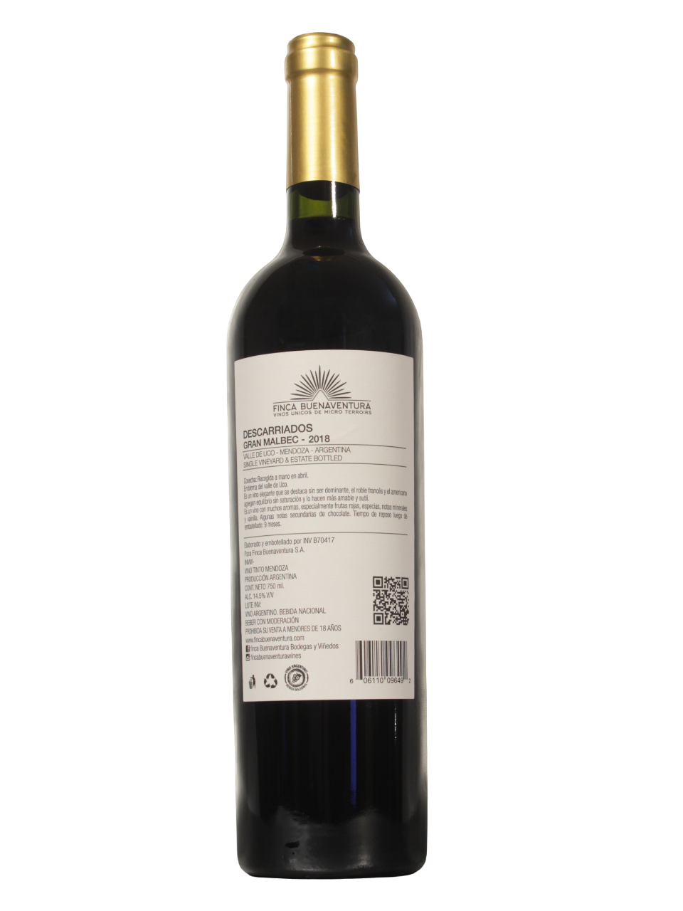 Descarriados Gran Malbec Dorso-Photoroom-Photoroom Botella de Descarriados Gran Malbec de Finca Buenaventura S.A. vista dorso