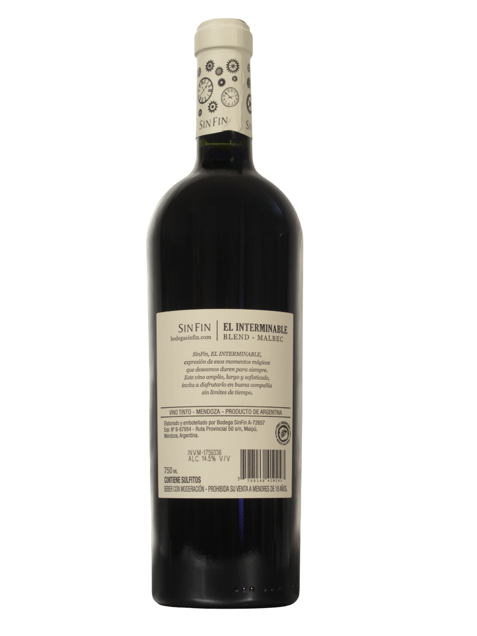 El Interminable Blend Malbec Dorso Botella de El Interminable Blend Malbec de Bodega SinFin vista dorso