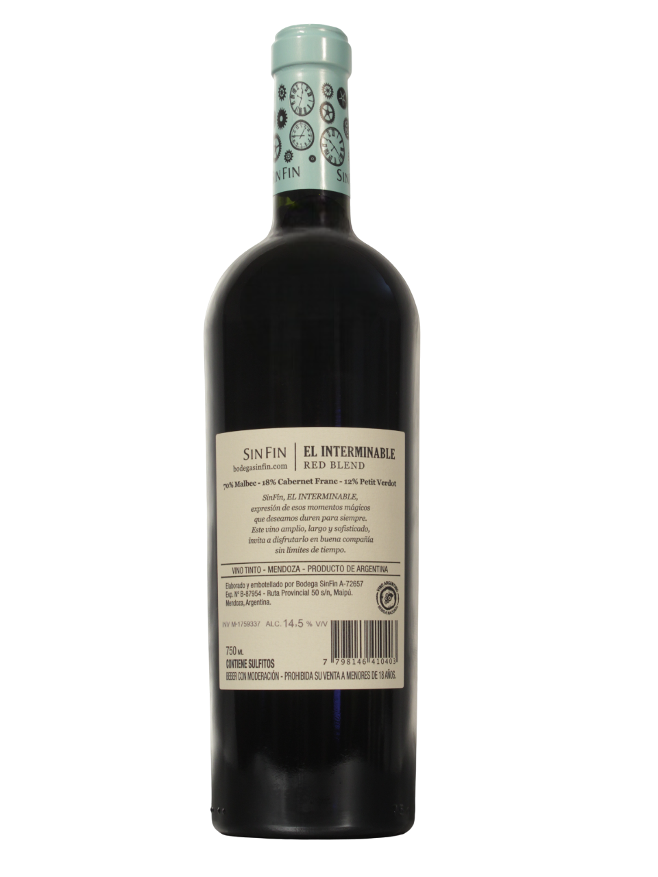 El Interminable Red Blend Dorso Botella de El Interminable Red Blend de Bodega SinFin vista dorso