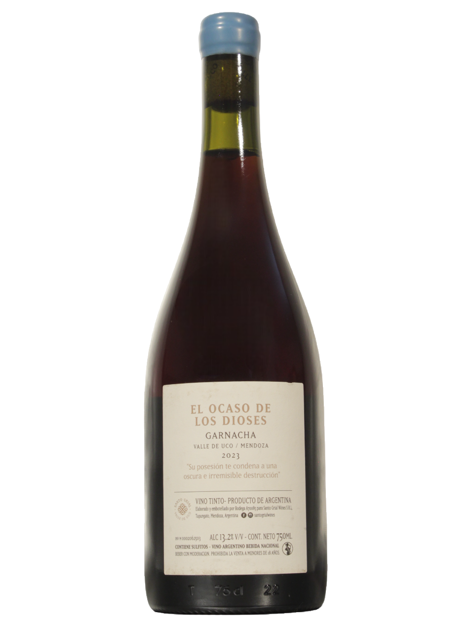El Ocaso de los Dioses Garnacha Dorso Botella de El Ocaso de los Dioses Garnacha de Santo Grial Wines vista dorso
