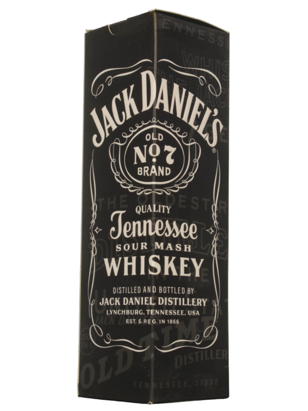 Jack Daniels Estuche + Frente Frente del estuche Jack Daniel's Old No. 7 y vaso de whiskey