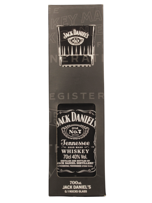 Jack Daniels Estuche + Vaso Dorso Dorso del estuche Jack Daniel's Old No. 7 con botella y vaso
