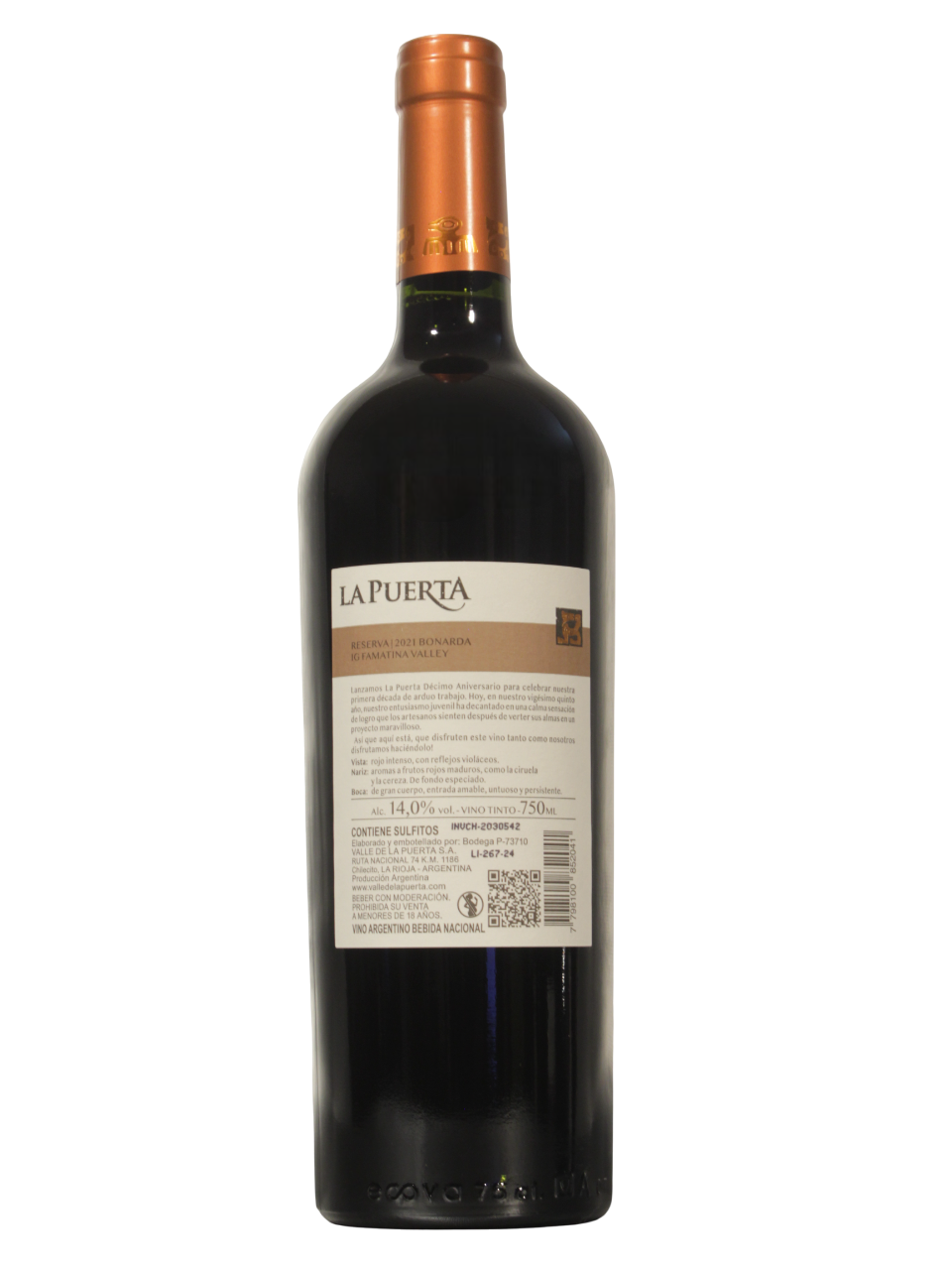 La Puerta Bonarda Reserva Dorso Botella de La Puerta Bonarda Reserva de Valle de la Puerta S.A. vista dorso