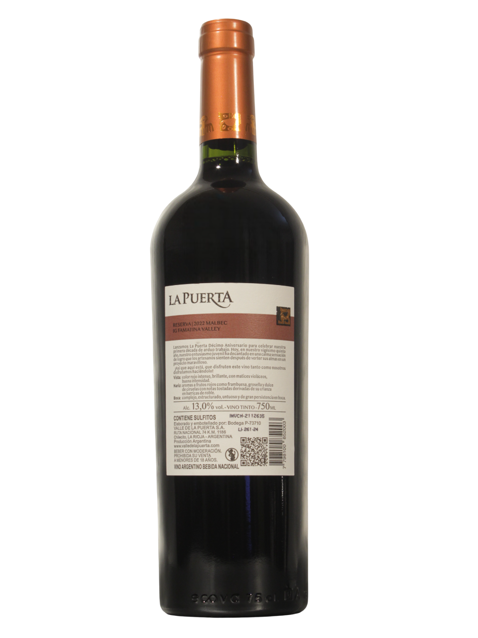 La Puerta Malbec Reserva Dorso Botella de La Puerta Malbec Reserva de Valle de la Puerta S.A. vista dorso