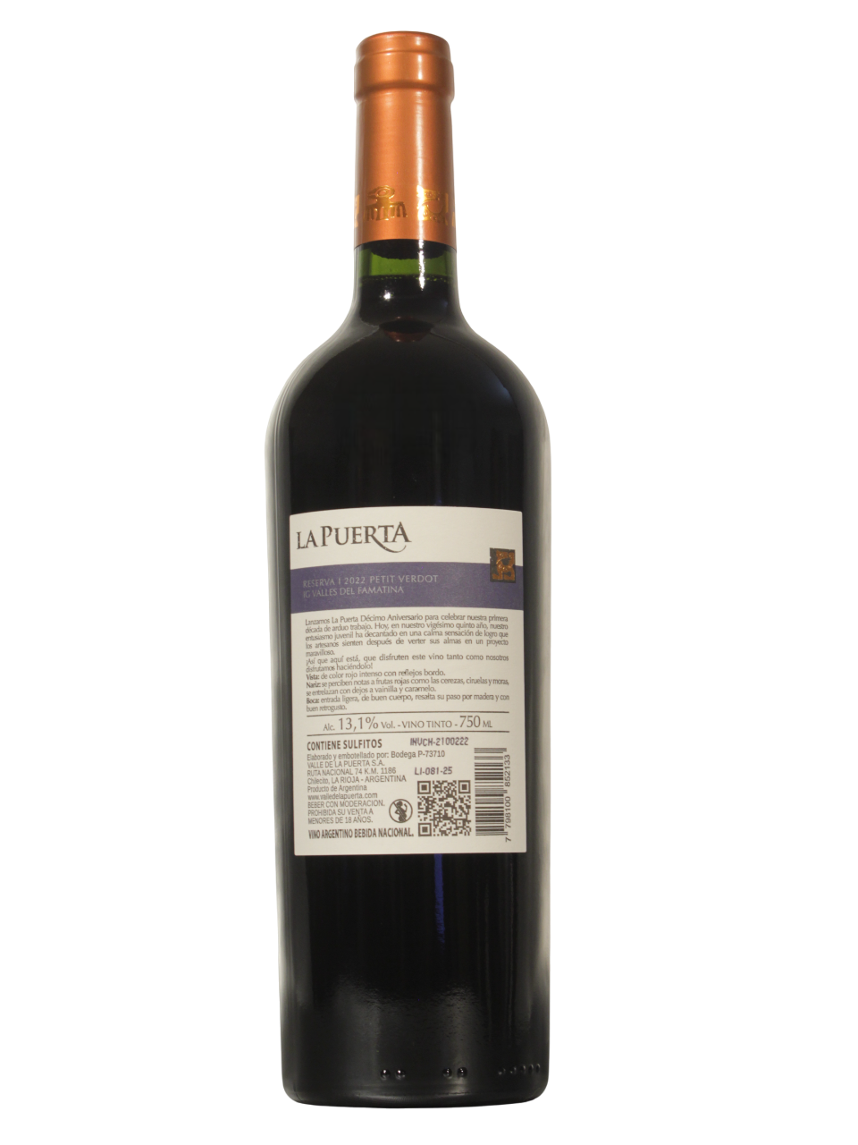 La Puerta Petit Verdot Reserva Dorso Botella de La Puerta Petit Verdot Reserva de Valle de la Puerta S.A. vista dorso