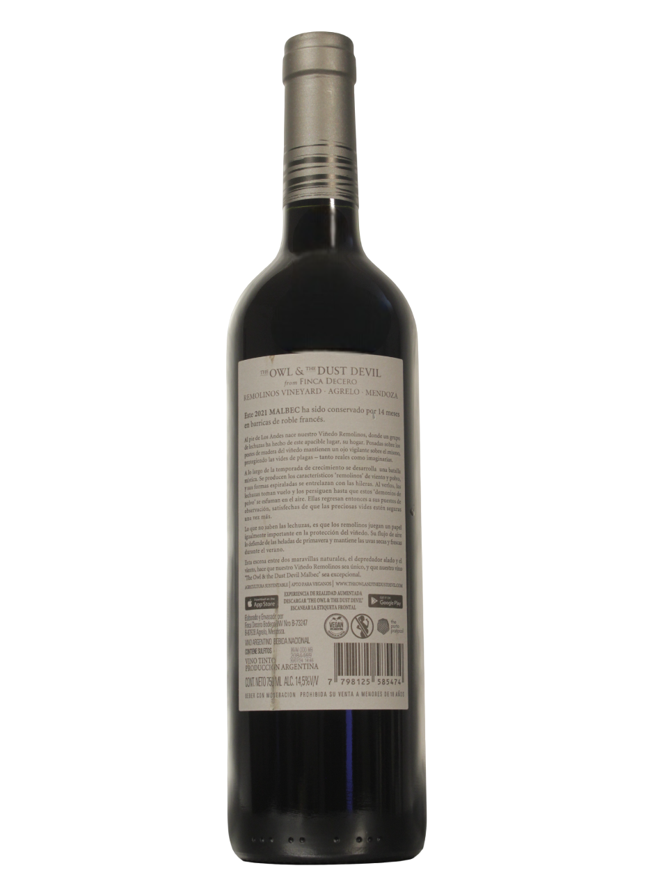 OWL Malbec Dorso-Photoroom-Photoroom Botella de The Owl & the Dust Devil Malbec de Finca Decero vista dorso