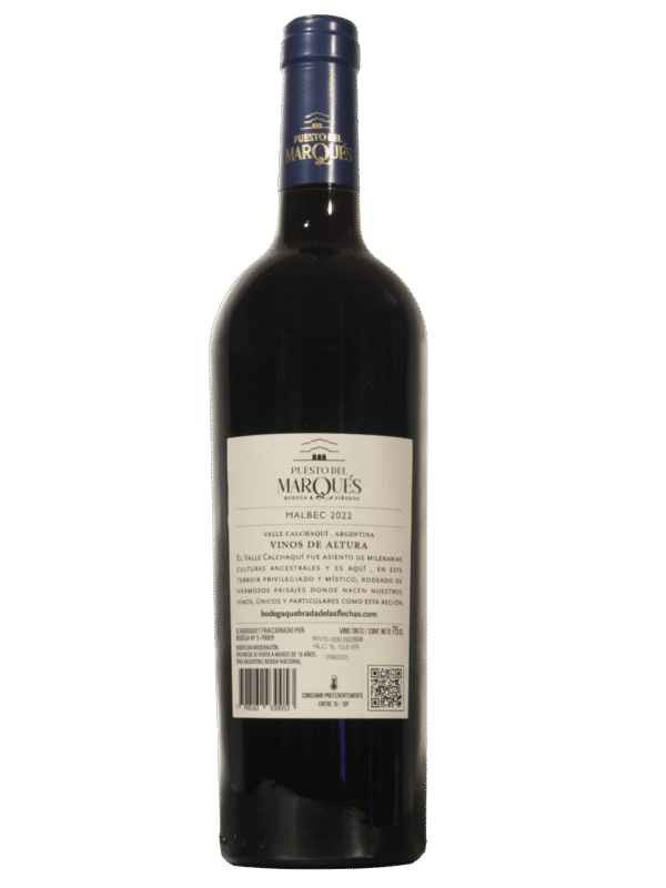 Puesto del Marqués Clasico Malbec Dorso Botella de Puesto del Marqués Clásico Malbec de Las Flechas Group vista dorso