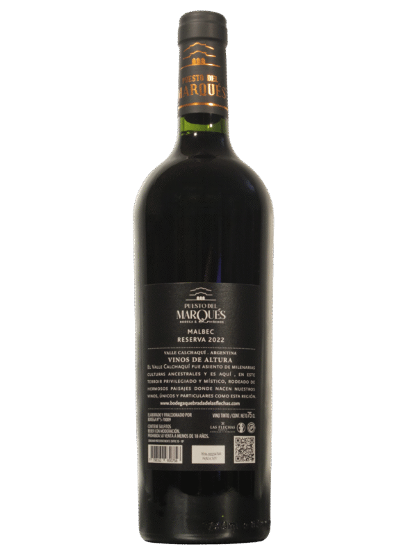 Puesto del Marqués Malbec Dorso Botella de Puesto del Marqués Malbec Reserva de Las Flechas Group vista dorso