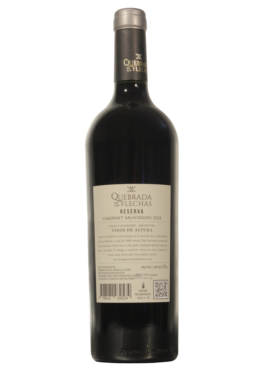 Quebrada de las Flechas Cab Sauv Reserva Dorso Botella de Quebrada de las Flechas Cabernet Sauvignon Reserva vista dorso