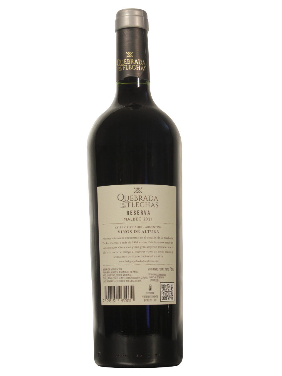 Quebrada de las Flechas Malbec Reserva Dorso Botella de Quebrada de las Flechas Malbec Reserva vista dorso