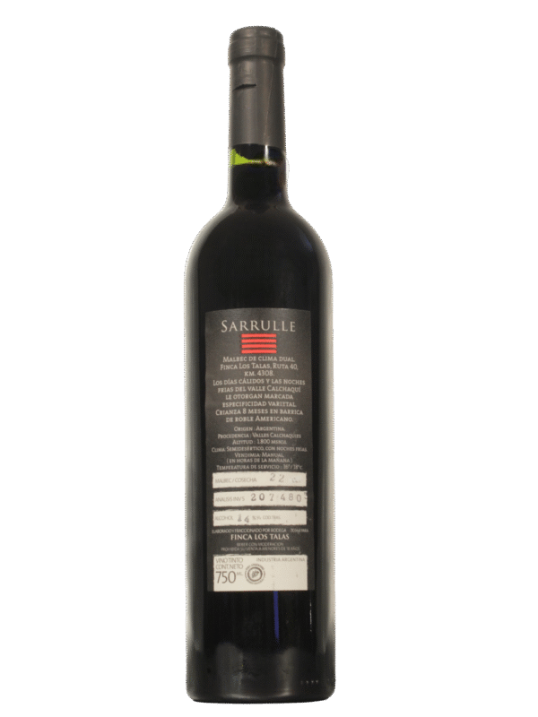 Sarrulle Malbec Dorso Botella de Sarrulle Malbec de Finca Los Talas vista dorso