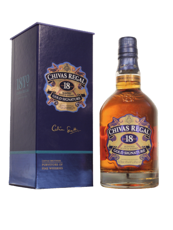Chivas Regal 18 Estuche Frente Chivas Regal 18 Años Gold Signature Blended Scotch Whisky estuche y botella