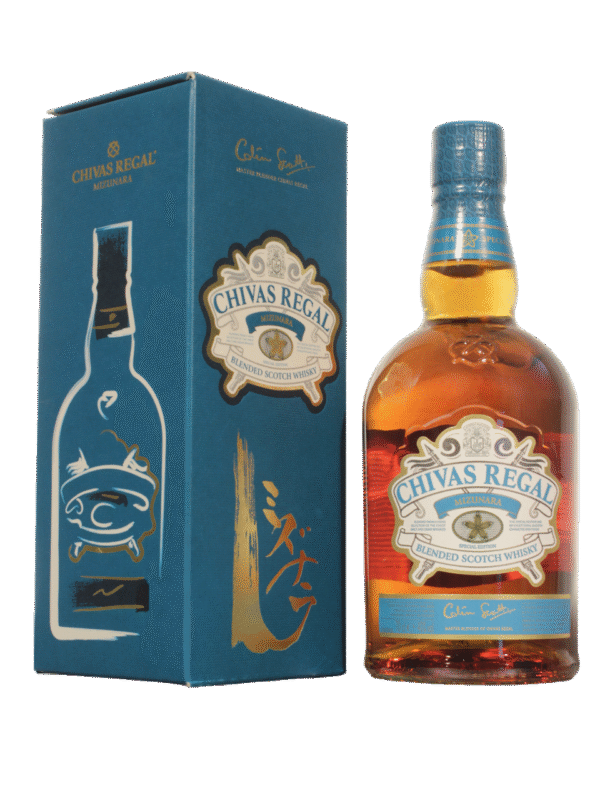 Chivas Regal Mizunara Estuche Frente Chivas Regal Mizunara Blended Scotch Whisky estuche y botella