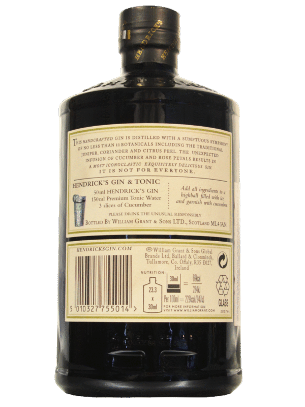 Hendrix Gin Dorso Hendrick's Gin Botella Dorso